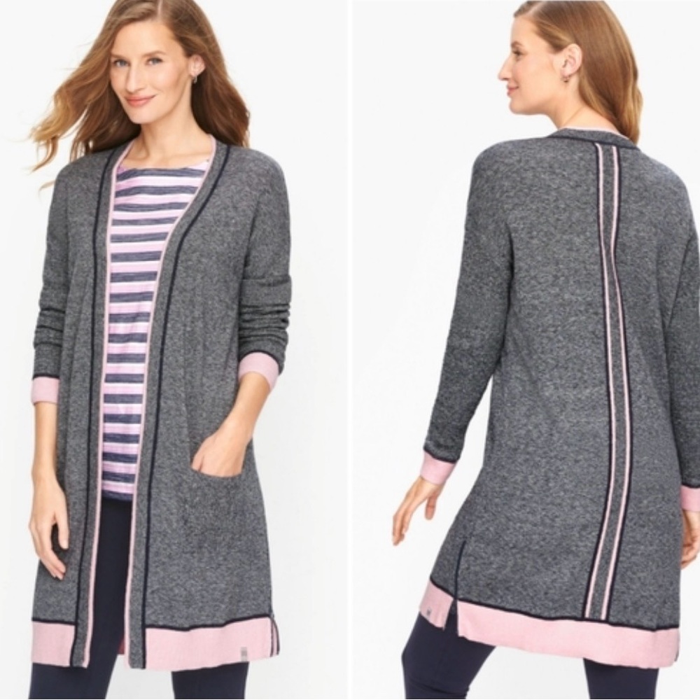 T by Talbots Womens Mixed Media Textured Marled Gray/Pink Long Cardigan
